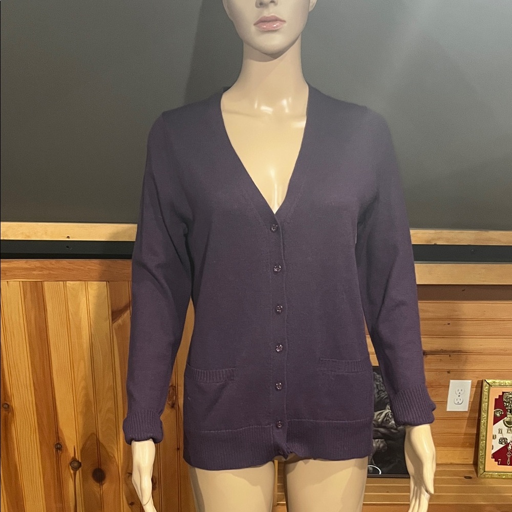 Lord & Taylor Deep Purple Cardigan 100% Merino Wool